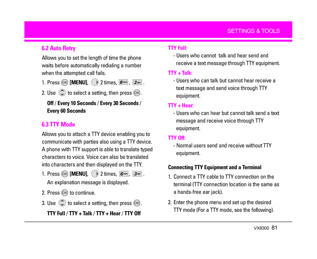 LG Electronics VX8300 manual Auto Retry, TTY Mode, Every 60 Seconds, Connecting TTY Equipment and a Terminal 