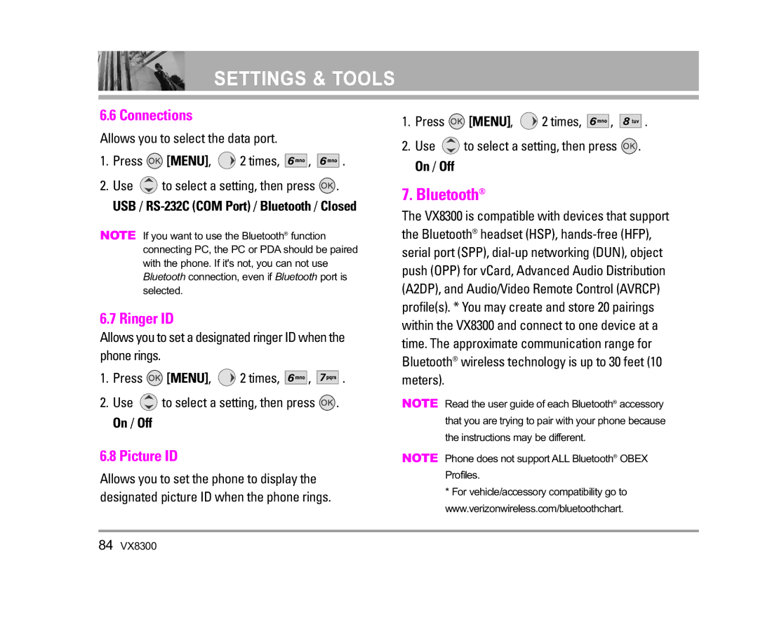 LG Electronics VX8300 manual Bluetooth, Connections, Ringer ID, Picture ID 