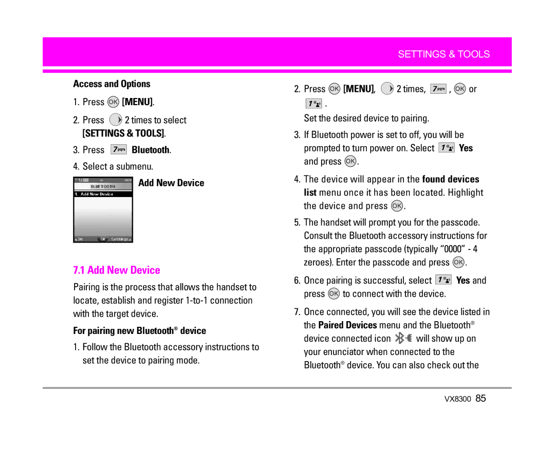 LG Electronics VX8300 manual Add New Device, Press Bluetooth, For pairing new Bluetooth device 