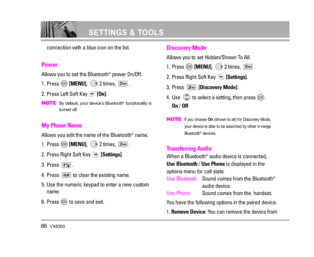 LG Electronics VX8300 manual Power, My Phone Name, Transferring Audio, Press Discovery Mode 