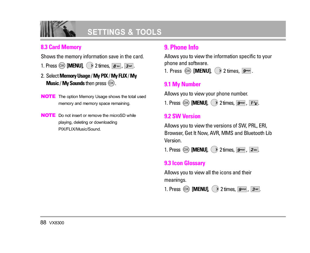 LG Electronics VX8300 manual Phone Info, Card Memory, My Number, SW Version, Icon Glossary 