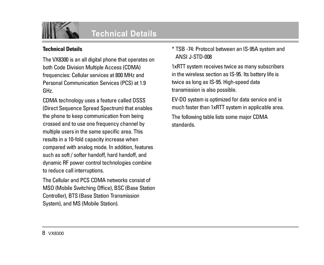 LG Electronics VX8300 manual Technical Details, Following table lists some major Cdma standards 