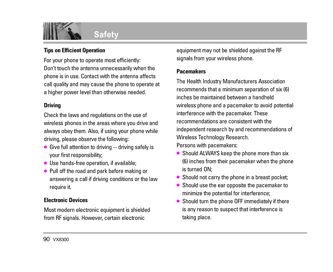 LG Electronics VX8300 manual Tips on Efficient Operation, Driving, Electronic Devices, Pacemakers, Persons with pacemakers 