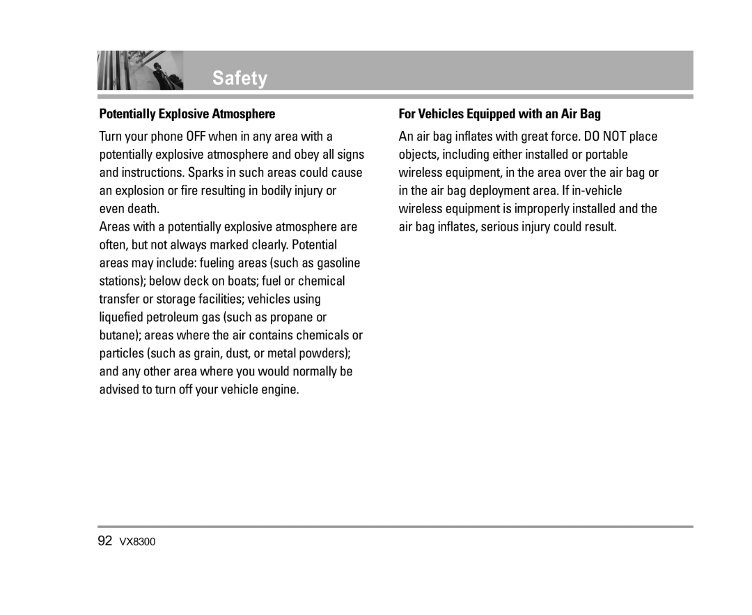 LG Electronics VX8300 manual Potentially Explosive Atmosphere, For Vehicles Equipped with an Air Bag 