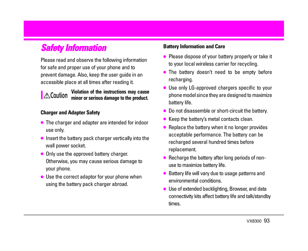 LG Electronics VX8300 manual Charger and Adapter Safety, Battery Information and Care 