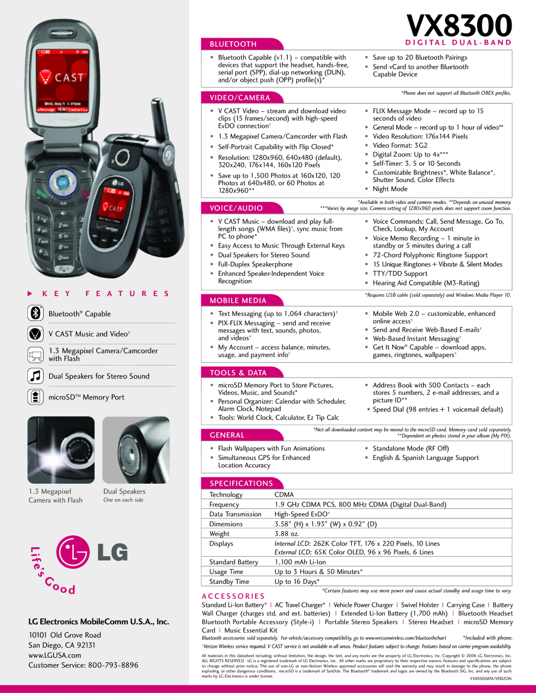 LG Electronics VX8300 manual Bluetooth, Video/Camera, Voice/Audio, Mobile Media, Tools & Data, General, Specifications 