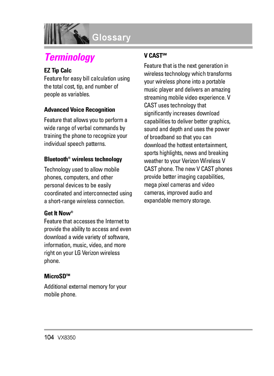 LG Electronics VX8350Red manual Glossary, EZ Tip Calc, Advanced Voice Recognition, Get It Now, MicroSDTM 