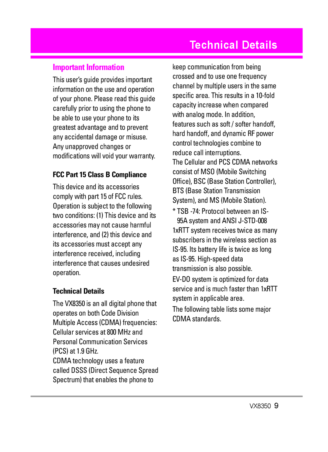 LG Electronics VX8350Red Technical Details, Important Information, Following table lists some major Cdma standards 