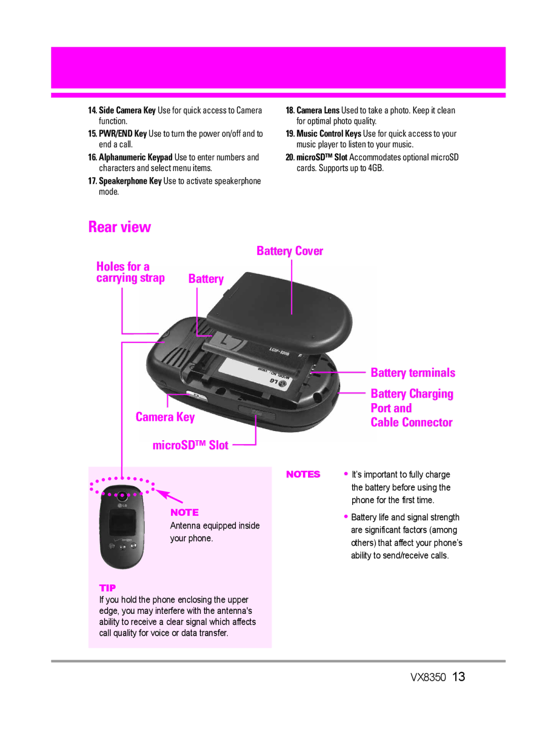 LG Electronics VX8350Red manual Rear view, Speakerphone Key Use to activate speakerphone mode 