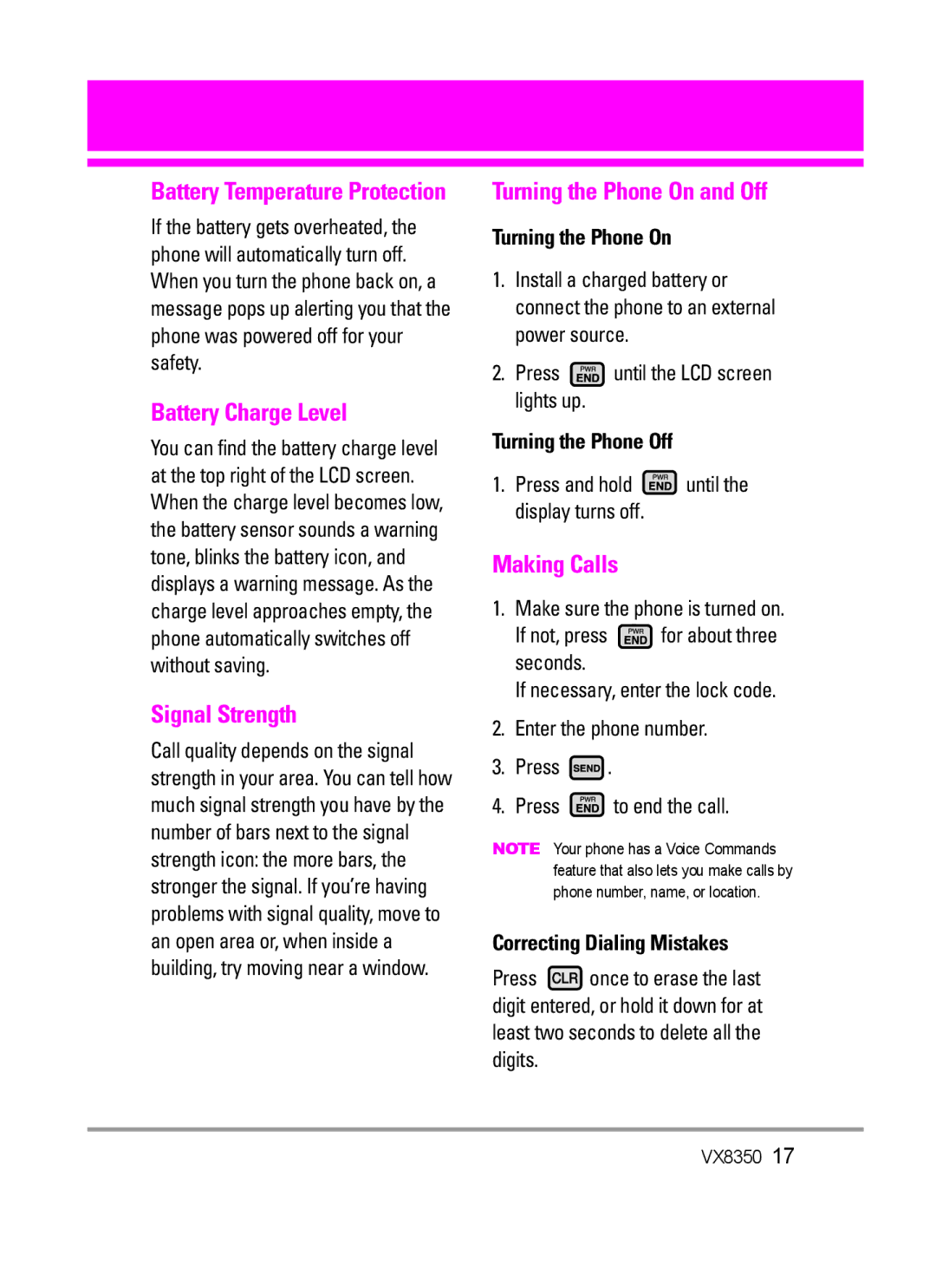 LG Electronics VX8350Red manual Battery Charge Level, Signal Strength, Turning the Phone On and Off, Making Calls 