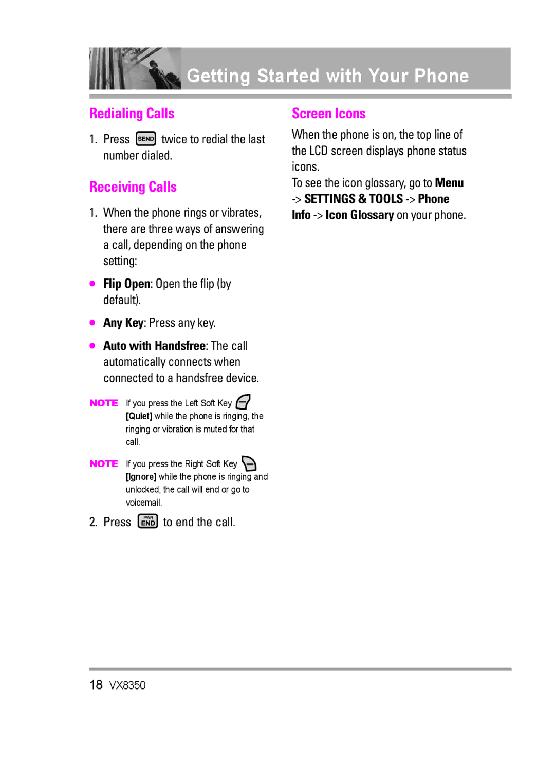 LG Electronics VX8350Red Redialing Calls, Receiving Calls, Screen Icons, Press twice to redial the last number dialed 