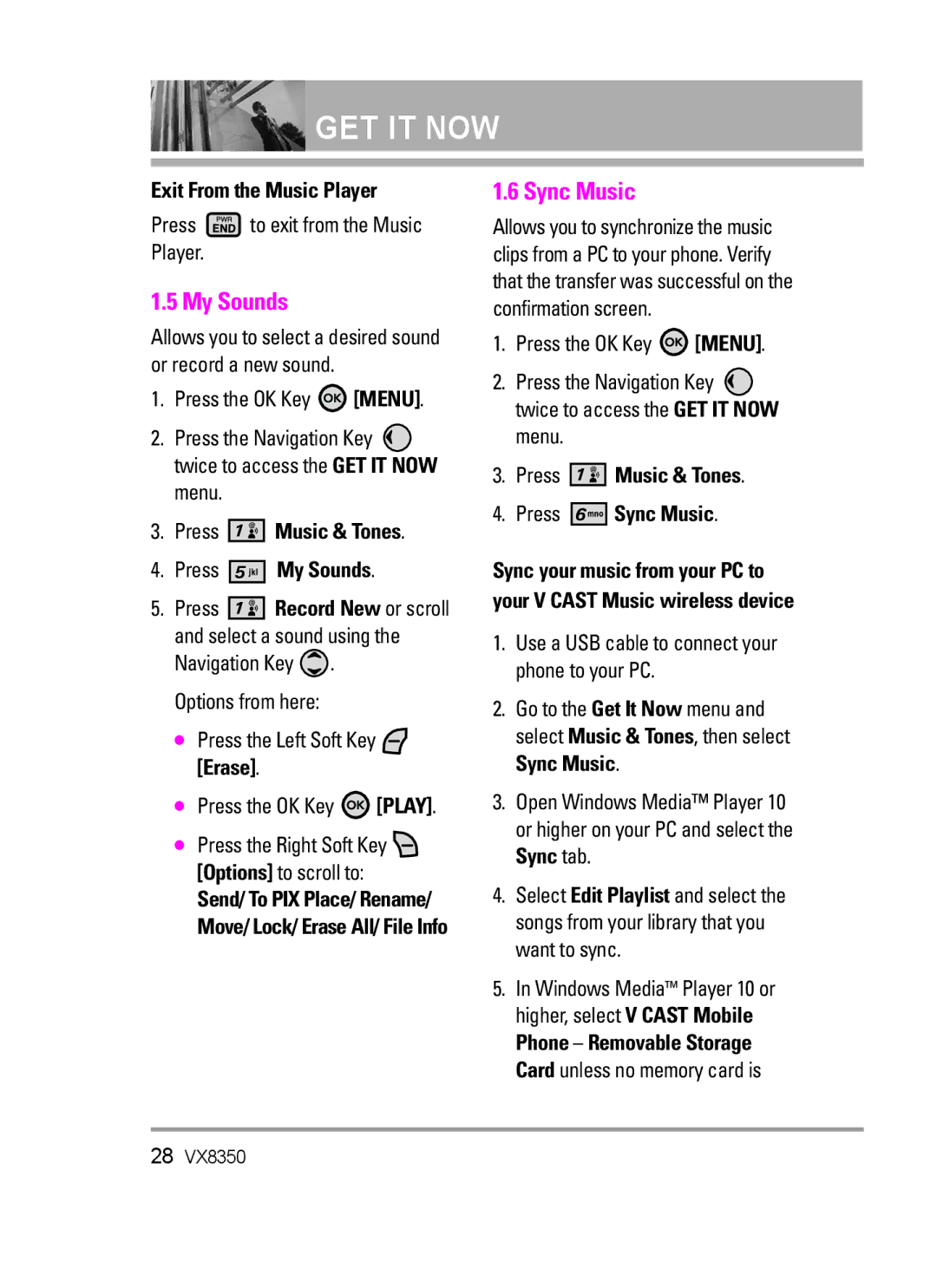 LG Electronics VX8350Red manual Sync Music, Exit From the Music Player, Press Music & Tones Press My Sounds 