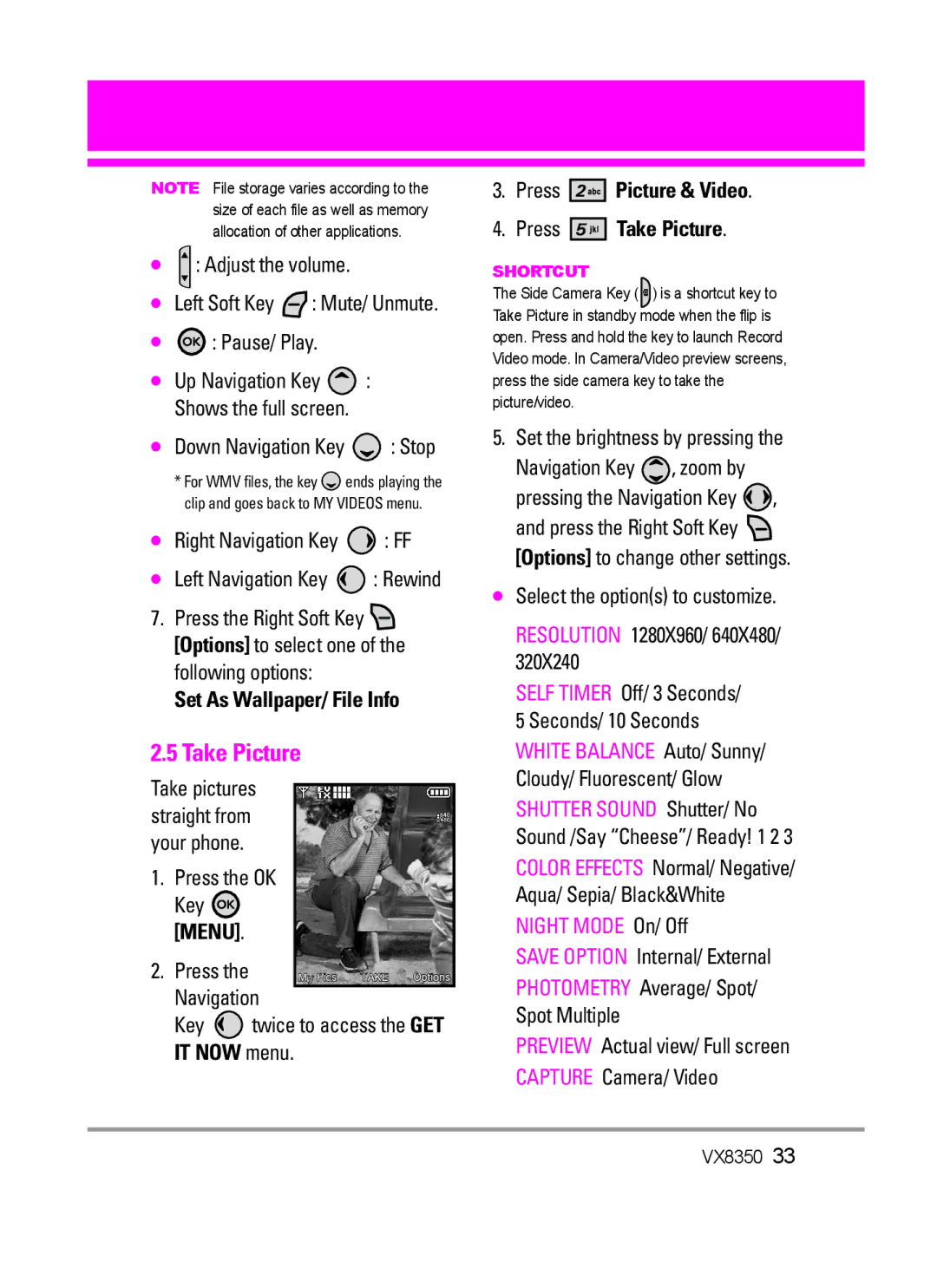 LG Electronics VX8350Red manual Set As Wallpaper/ File Info, Press Picture & Video Press Take Picture 