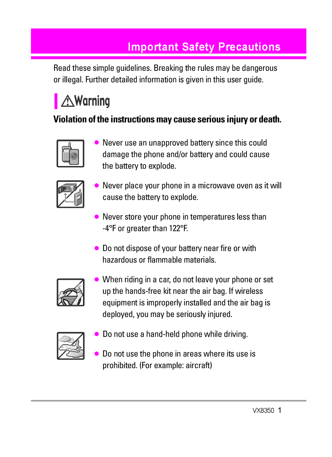 LG Electronics VX8350Red manual Important Safety Precautions, When riding in a car, do not leave your phone or set 