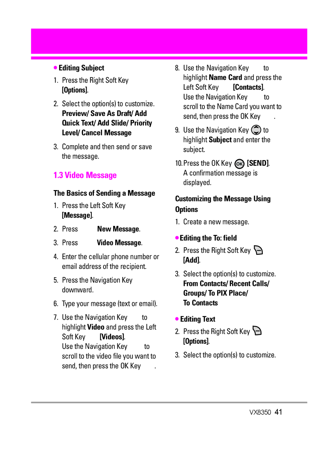 LG Electronics VX8350 Editing Subject, Press New Message Press Video Message, Customizing the Message Using Options 