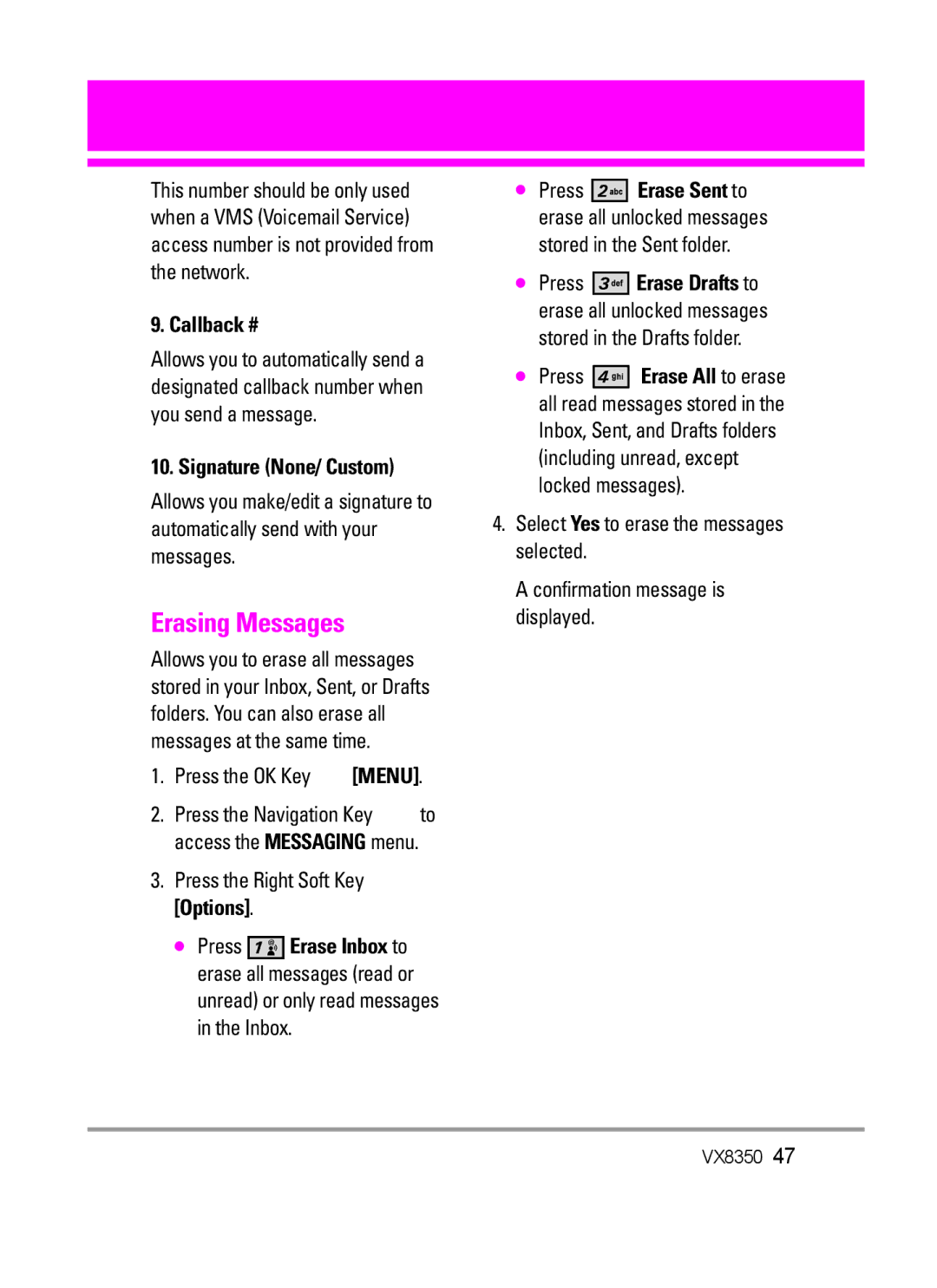LG Electronics VX8350 manual Erasing Messages, Callback #, Signature None/ Custom, Automatically send with your messages 