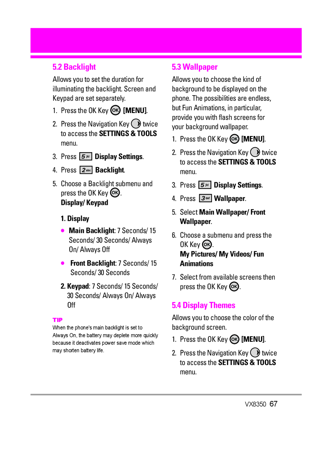 LG Electronics VX8350Red manual Wallpaper, Display Themes, Press Display Settings Press Backlight, Display/ Keypad 