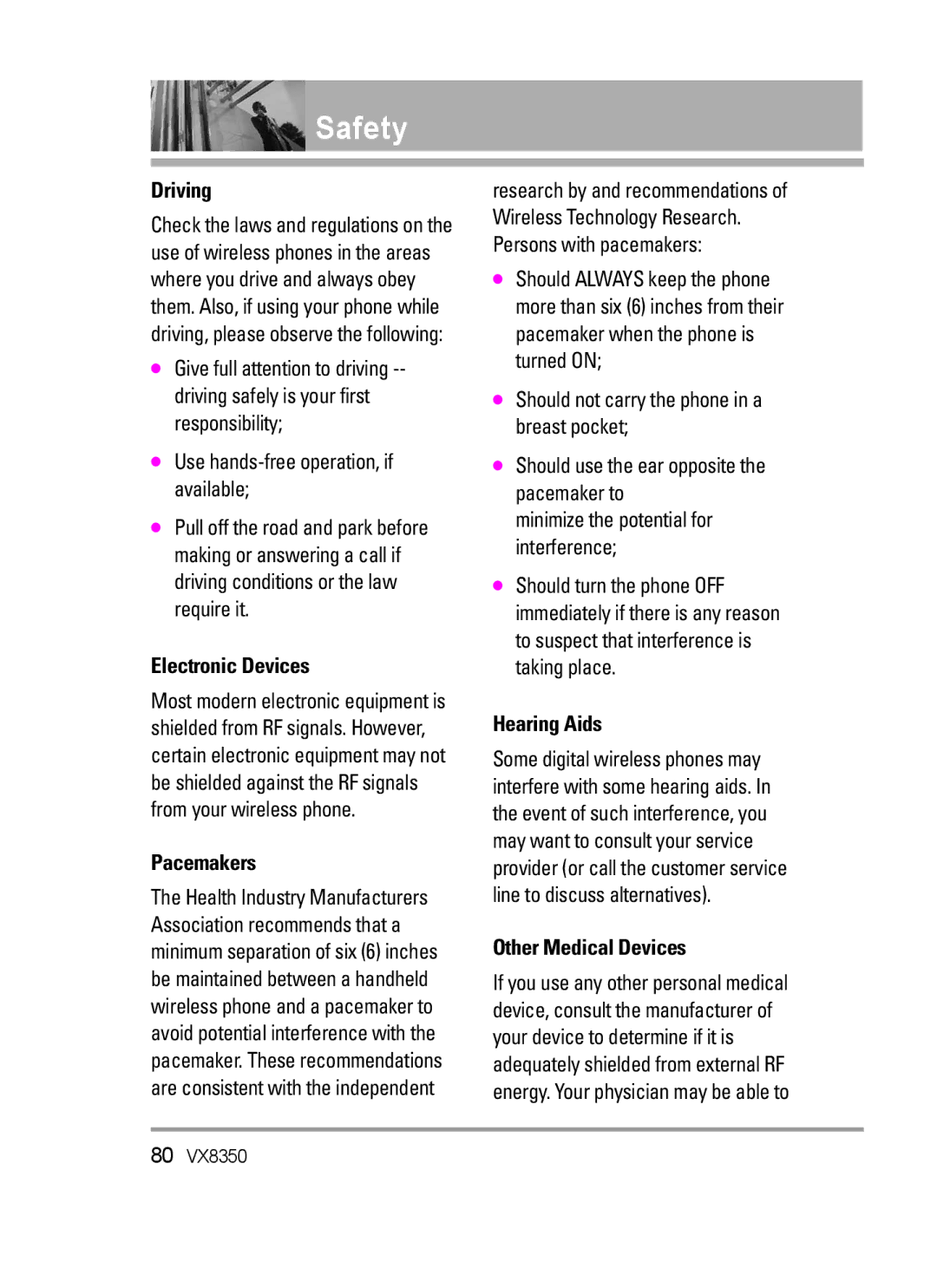 LG Electronics VX8350Red manual Driving, Electronic Devices, Pacemakers, Hearing Aids, Other Medical Devices 
