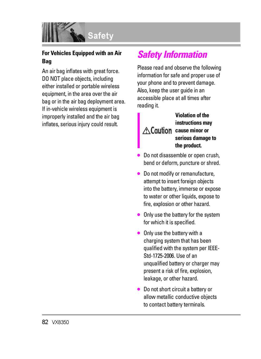 LG Electronics VX8350Red manual For Vehicles Equipped with an Air Bag, Violation Instructions may Product 