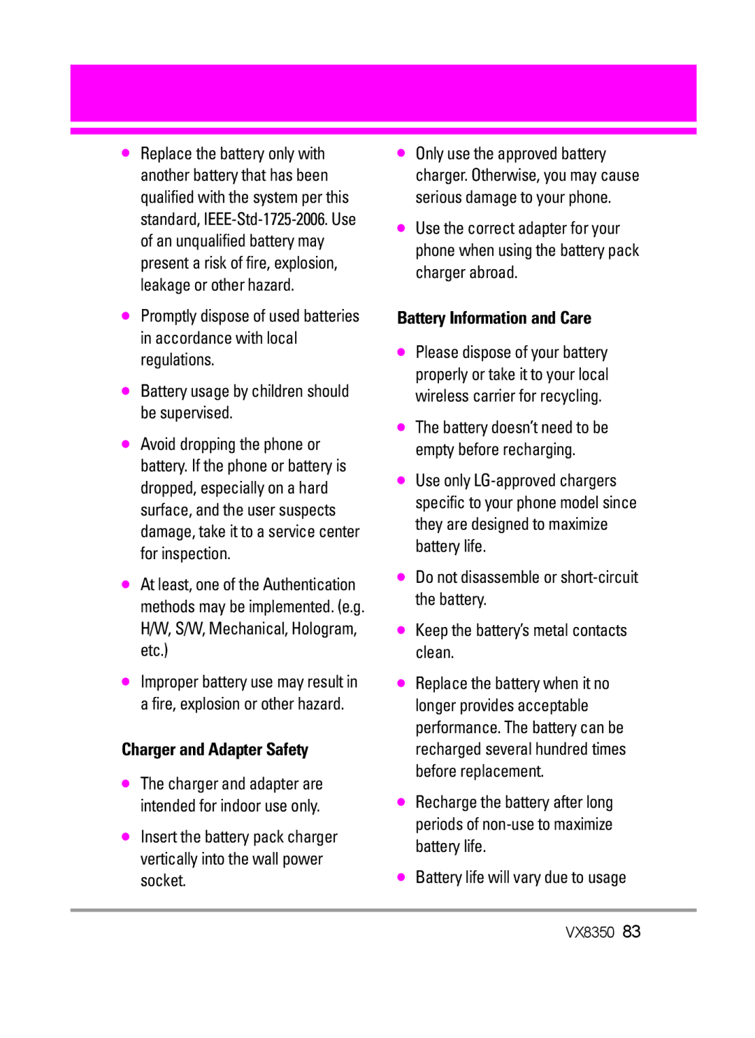 LG Electronics VX8350 manual Charger and Adapter Safety, Battery Information and Care, Battery life will vary due to usage 