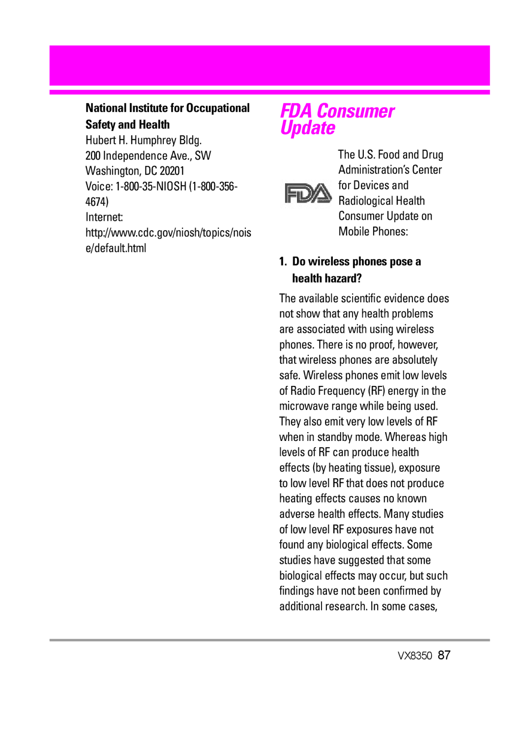 LG Electronics VX8350Red manual Hubert H. Humphrey Bldg, Voice 1-800-35-NIOSH 1-800-356 Internet Default.html 