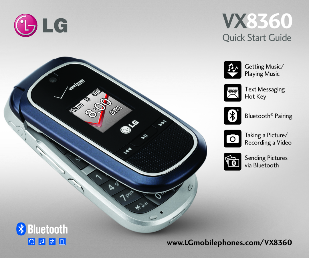 LG Electronics VX8360 quick start Quick Start Guide, Getting Music Playing Music Text Messaging Hot Key Bluetooth Pairing 