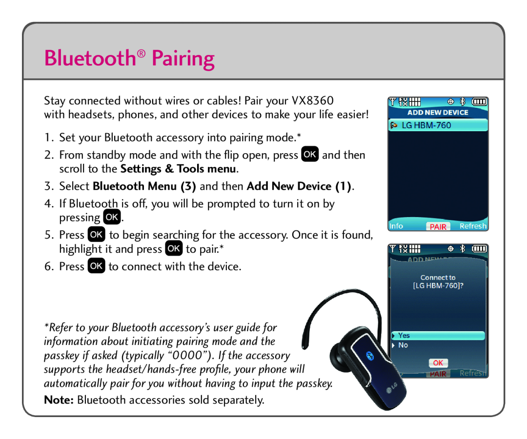 LG Electronics VX8360 quick start Bluetooth Pairing, Select Bluetooth Menu 3 and then Add New Device 
