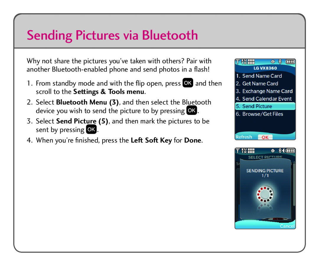 LG Electronics VX8360 quick start Sending Pictures via Bluetooth 