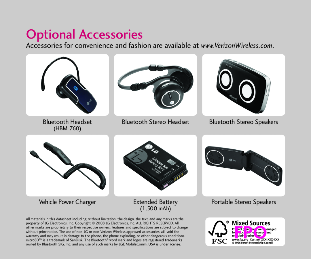 LG Electronics VX8360 quick start Optional Accessories, Bluetooth Headset, Vehicle Power Charger, Bluetooth Stereo Headset 