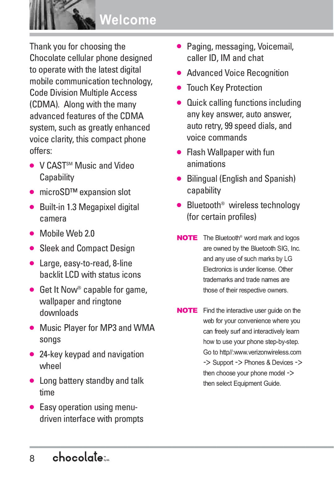 LG Electronics VX8550 manual Welcome, Advanced Voice Recognition Touch Key Protection 