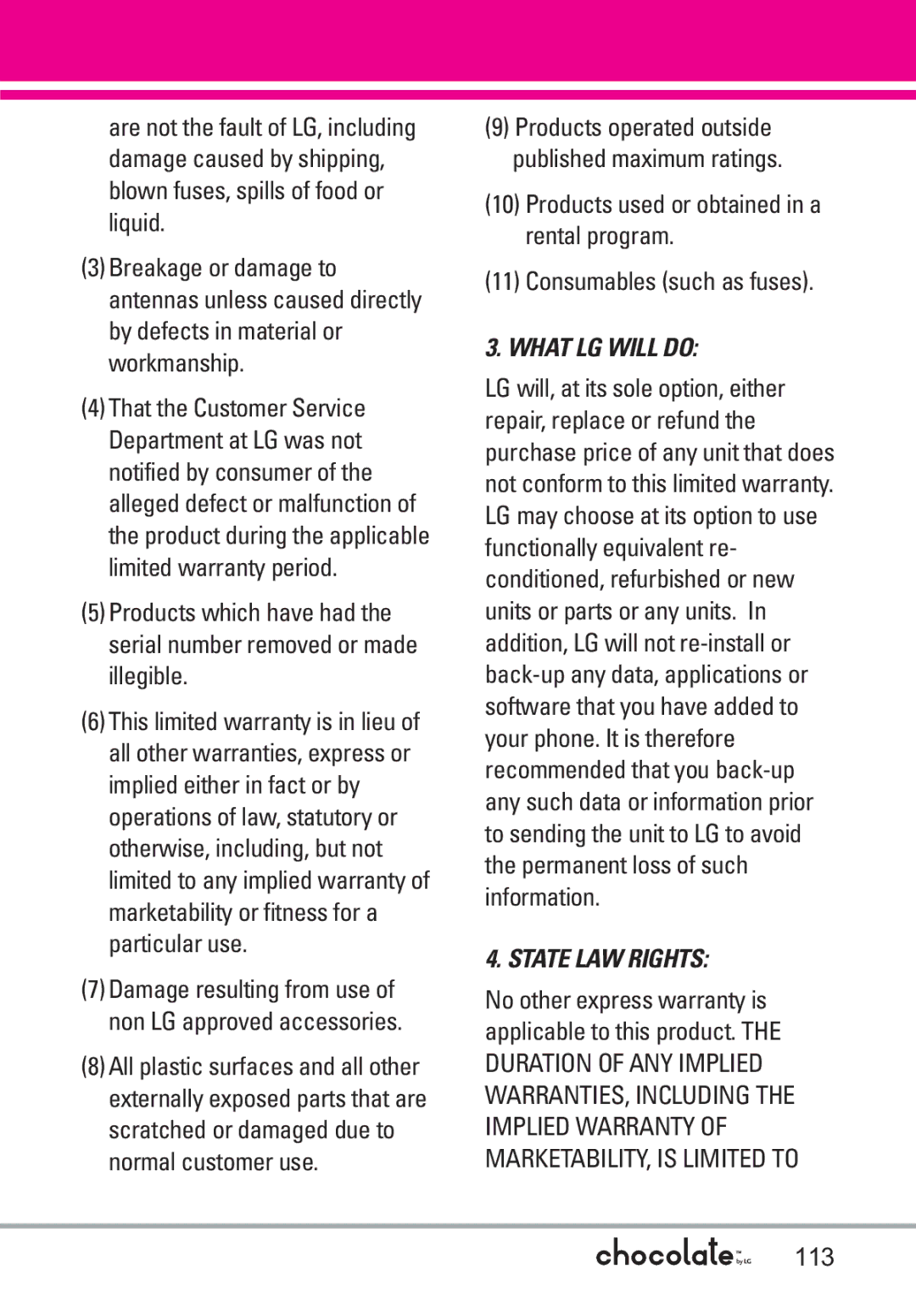 LG Electronics VX8550 manual What LG will do, 113 