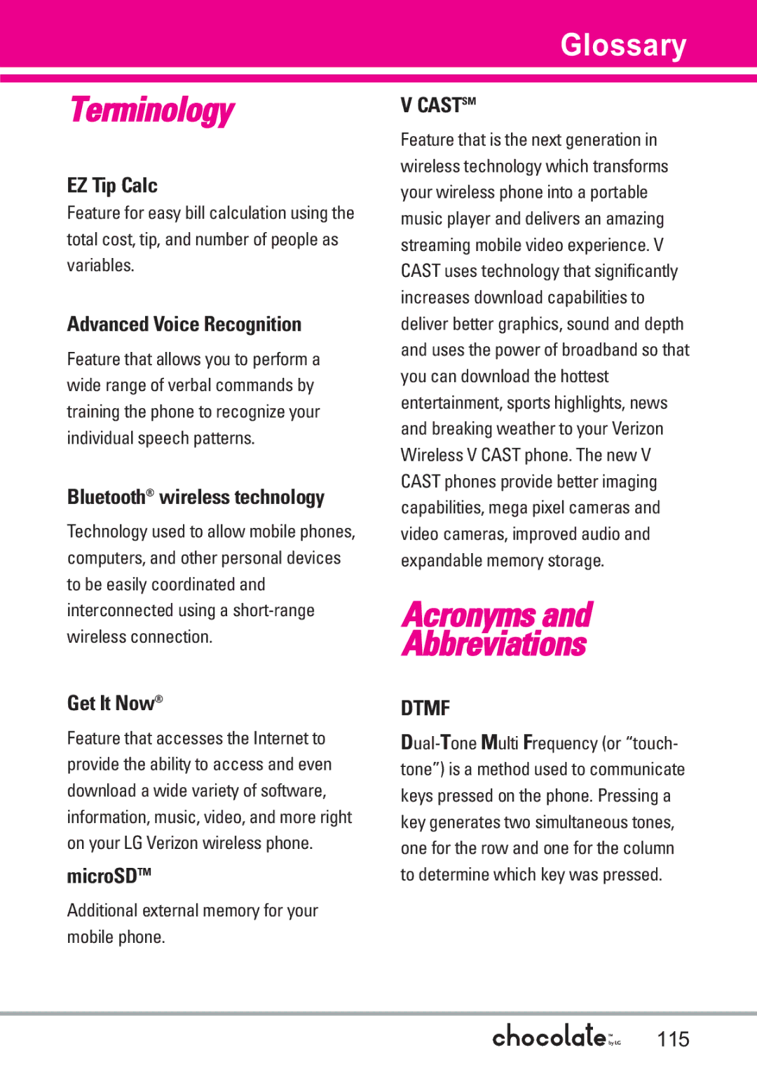 LG Electronics VX8550 manual Glossary, EZ Tip Calc, Advanced Voice Recognition, Get It Now, MicroSDTM 