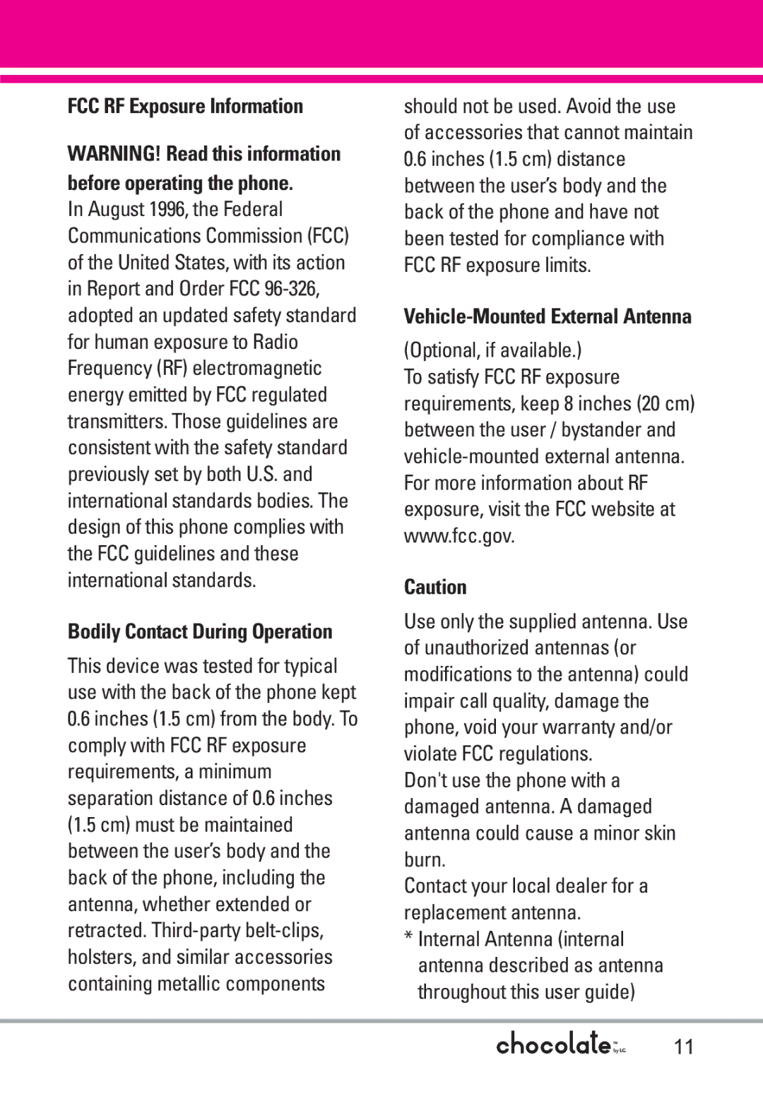 LG Electronics VX8550 manual FCC RF Exposure Information, Optional, if available, Bodily Contact During Operation 