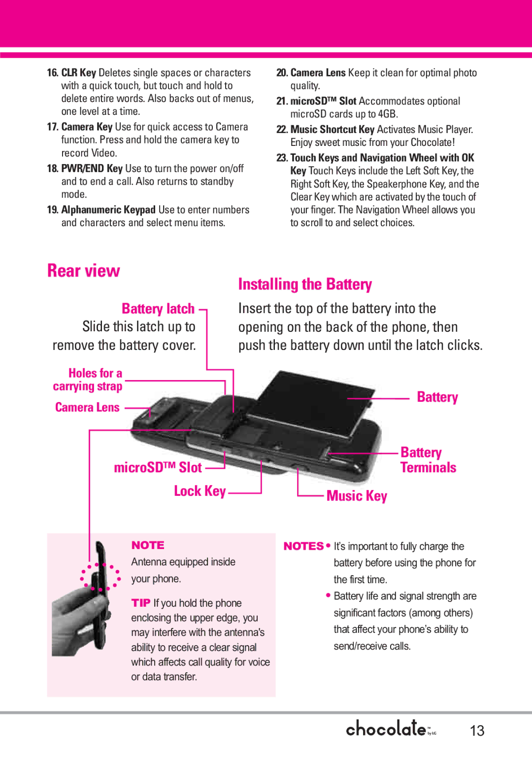 LG Electronics VX8550 manual Rear view, Installing the Battery 