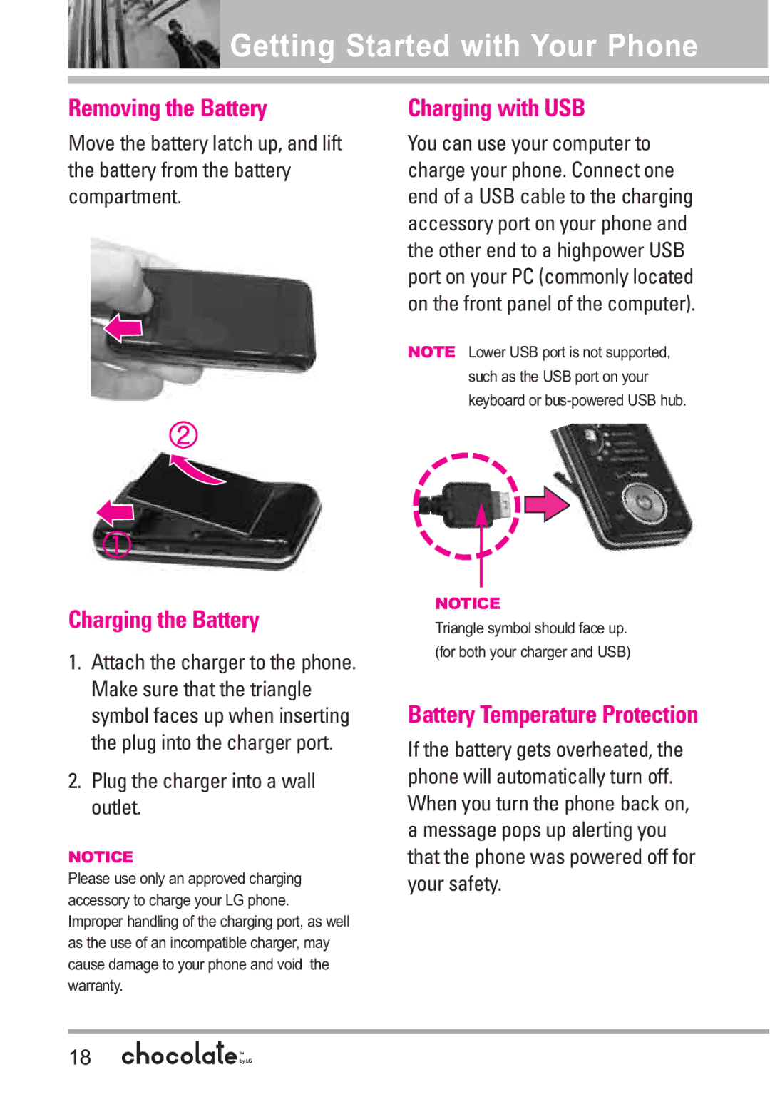 LG Electronics VX8550 manual Getting Started with Your Phone, Removing the Battery, Charging the Battery, Charging with USB 