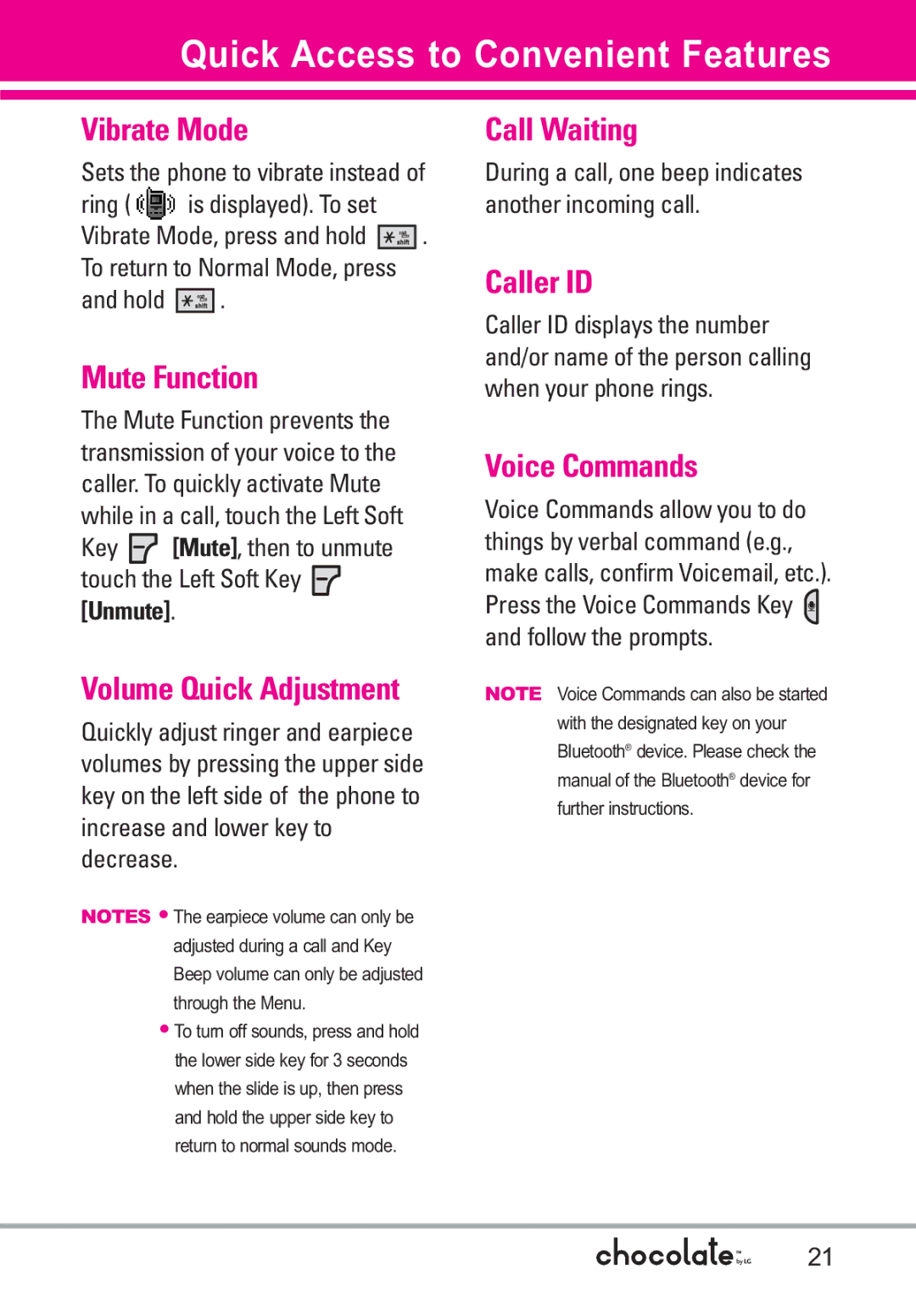 LG Electronics VX8550 manual Quick Access to Convenient Features 