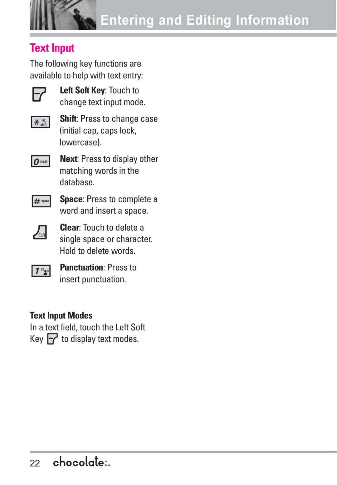 LG Electronics VX8550 manual Entering and Editing Information, Text Input Modes 