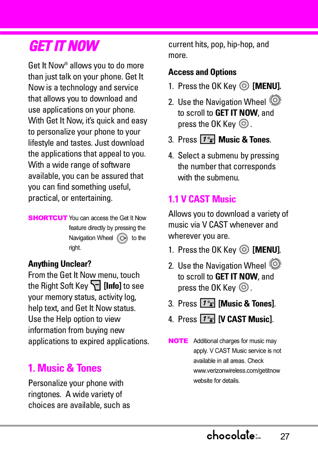 LG Electronics VX8550 manual Music & Tones, Cast Music 