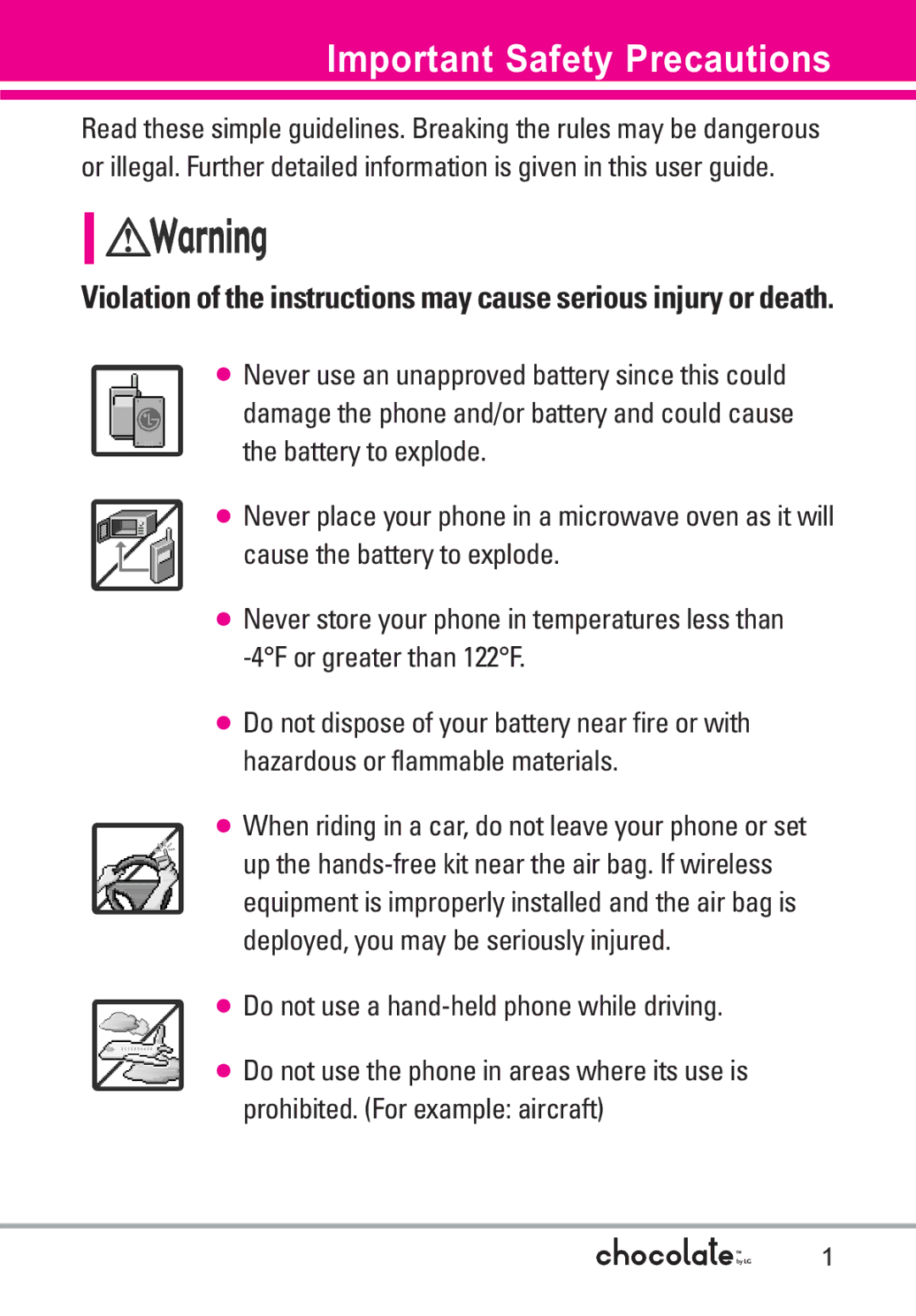 LG Electronics VX8550 manual Important Safety Precautions, When riding in a car, do not leave your phone or set 