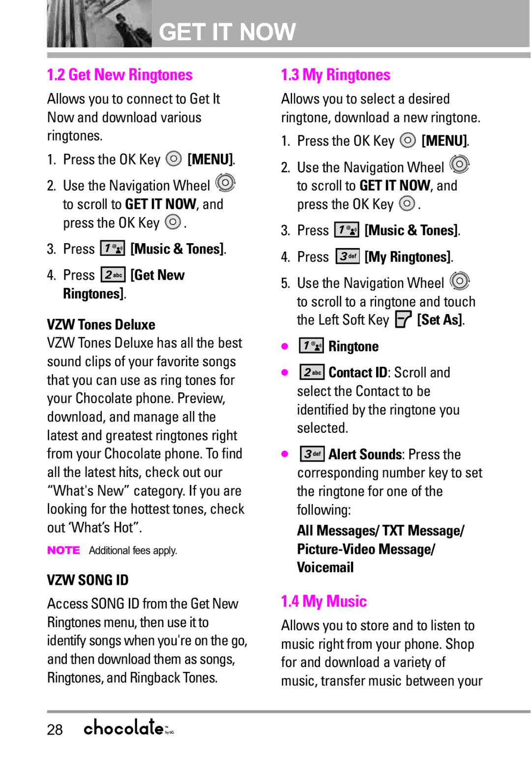 LG Electronics VX8550 manual Get New Ringtones, My Music, VZW Tones Deluxe, Press Music & Tones Press My Ringtones 