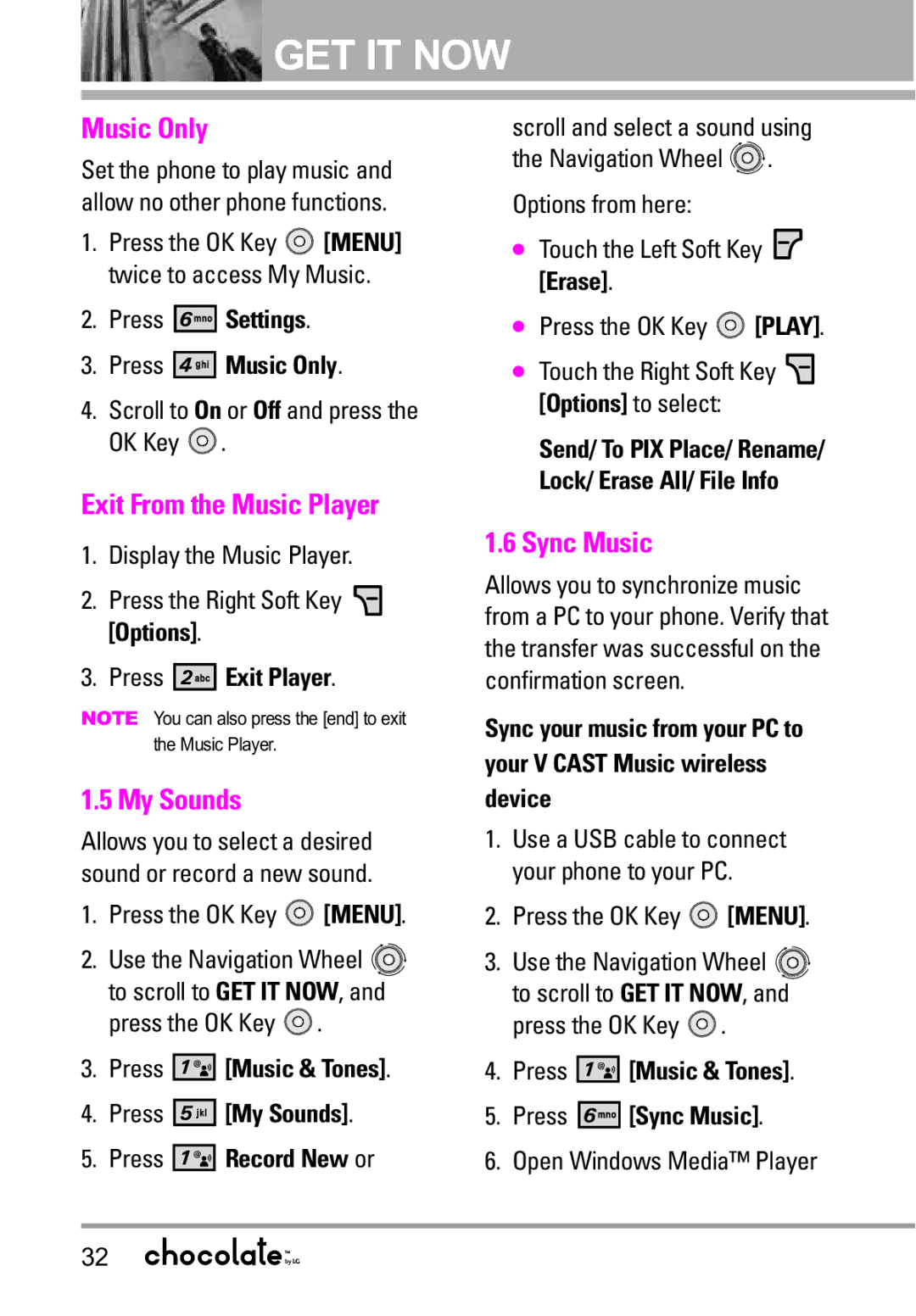 LG Electronics VX8550 manual Music Only, Exit From the Music Player, My Sounds, Sync Music 