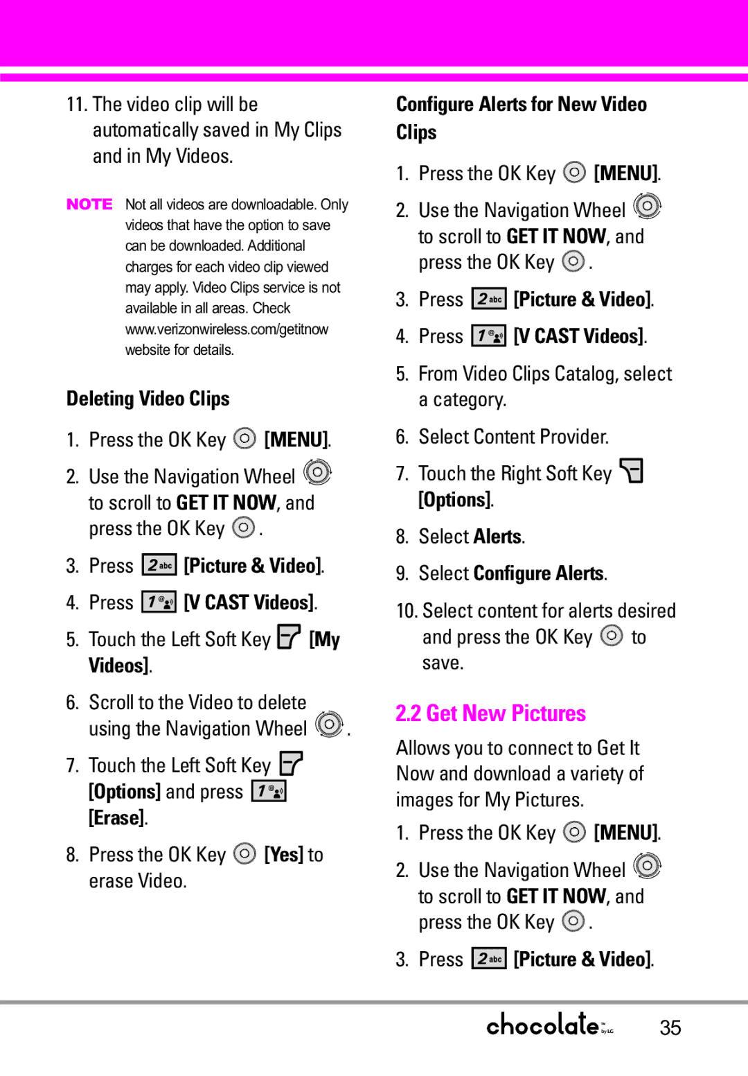 LG Electronics VX8550 manual Get New Pictures, Deleting Video Clips, Configure Alerts for New Video Clips 