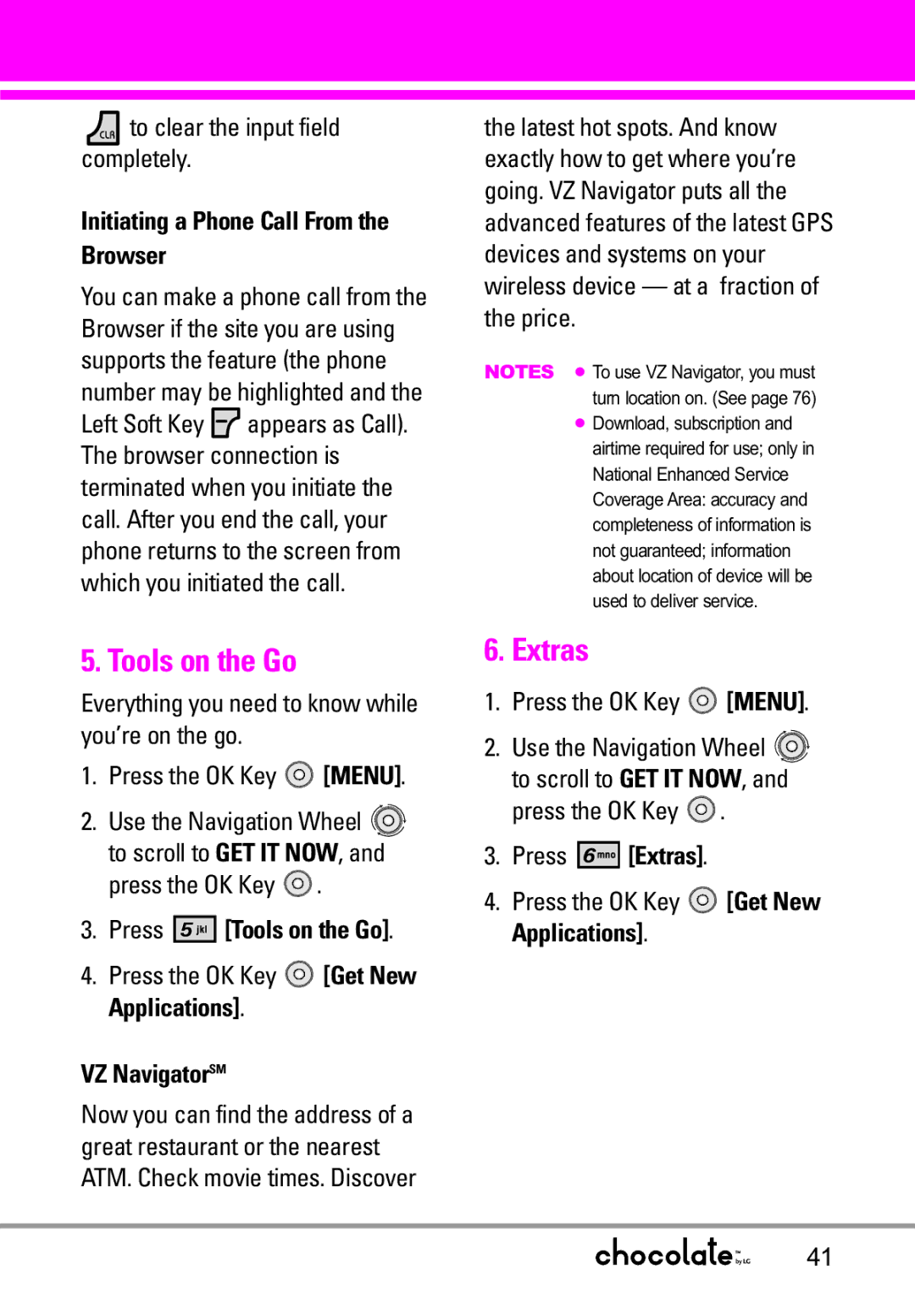 LG Electronics VX8550 manual Tools on the Go, Initiating a Phone Call From the Browser, VZ NavigatorSM, Press Extras 