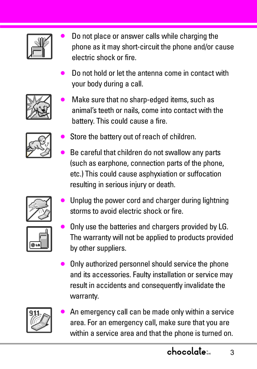 LG Electronics VX8550 manual Store the battery out of reach of children 