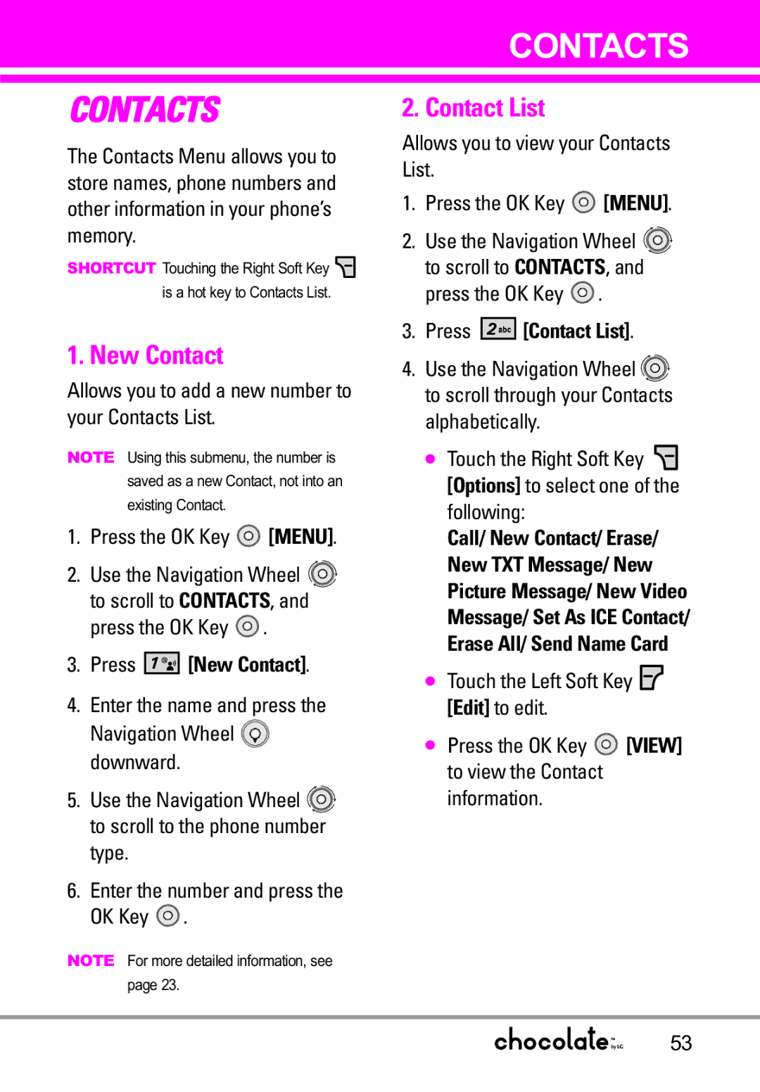 LG Electronics VX8550 manual Press New Contact, Press Contact List 