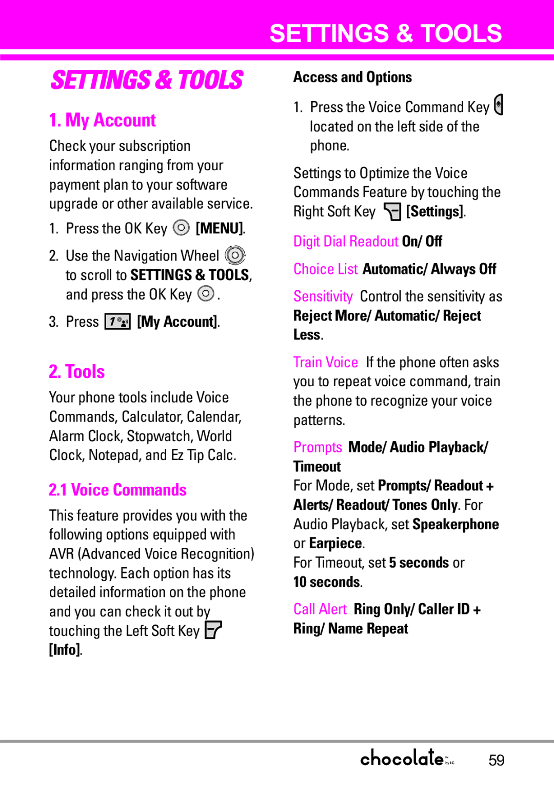 LG Electronics VX8550 manual My Account, Tools, Voice Commands 