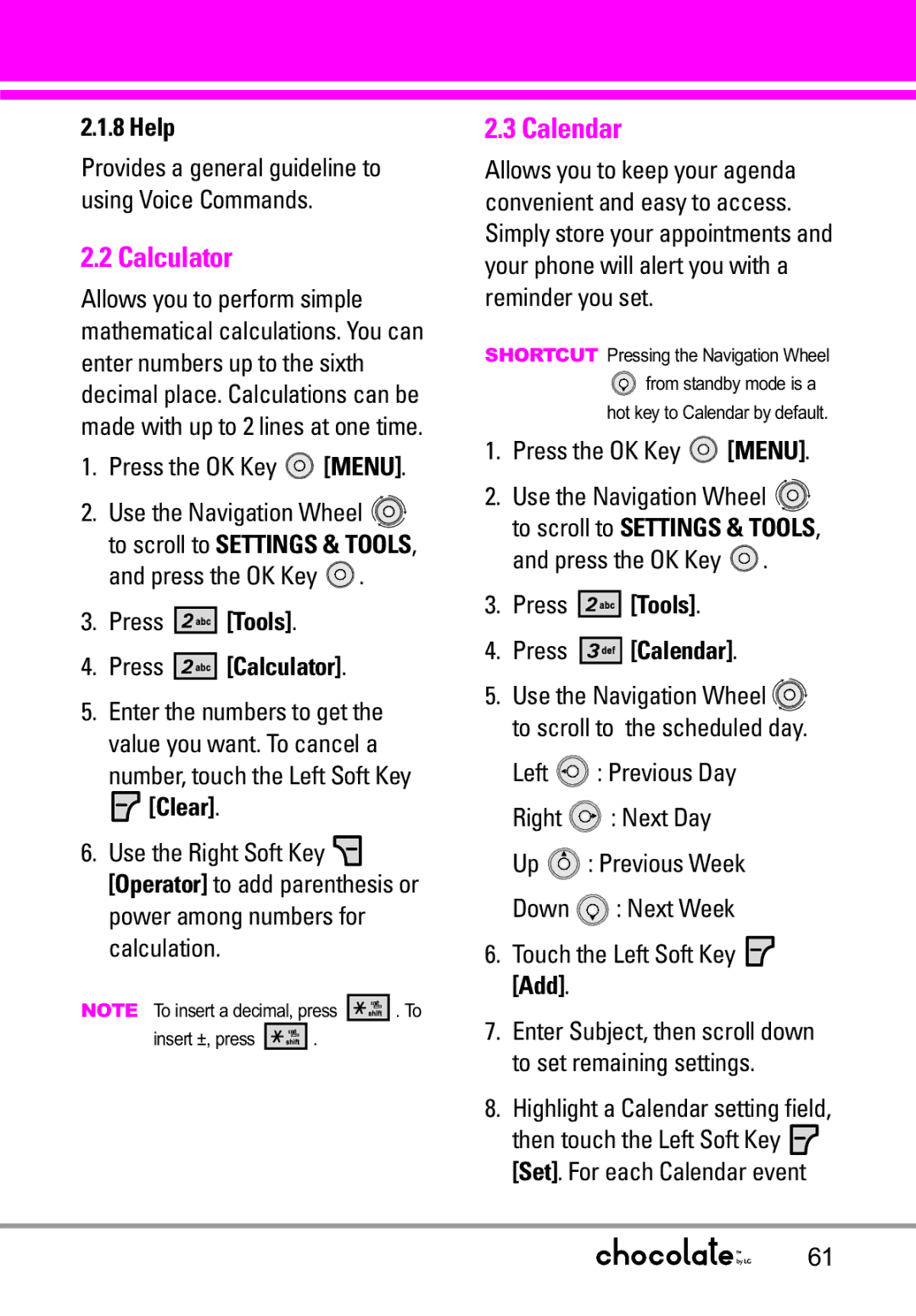 LG Electronics VX8550 manual Calculator, Calendar 