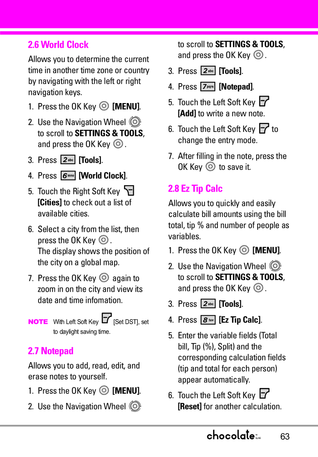 LG Electronics VX8550 manual Ez Tip Calc, Press Tools Press World Clock, Press Tools Press Notepad 