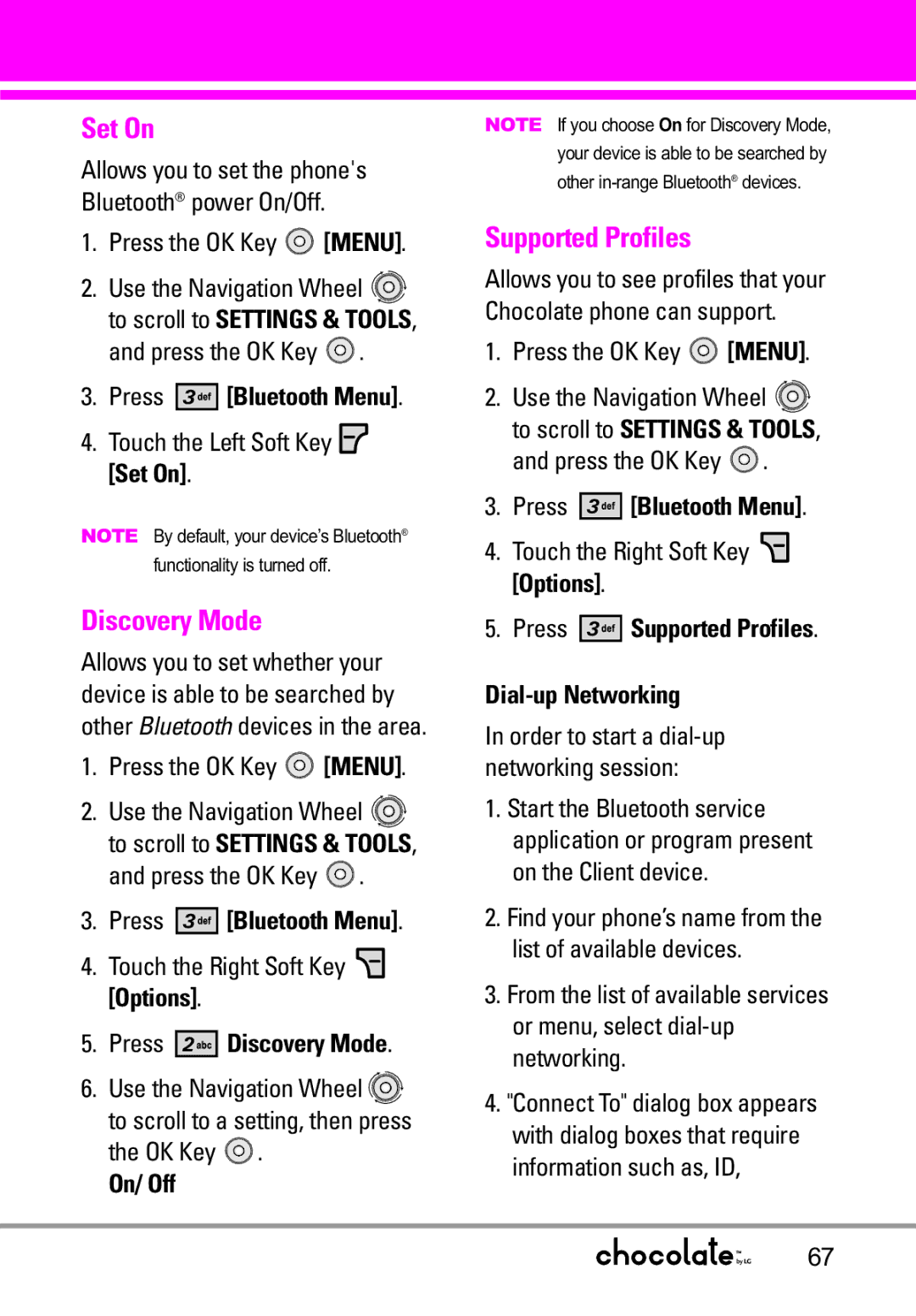 LG Electronics VX8550 manual Set On, Discovery Mode, Supported Profiles 