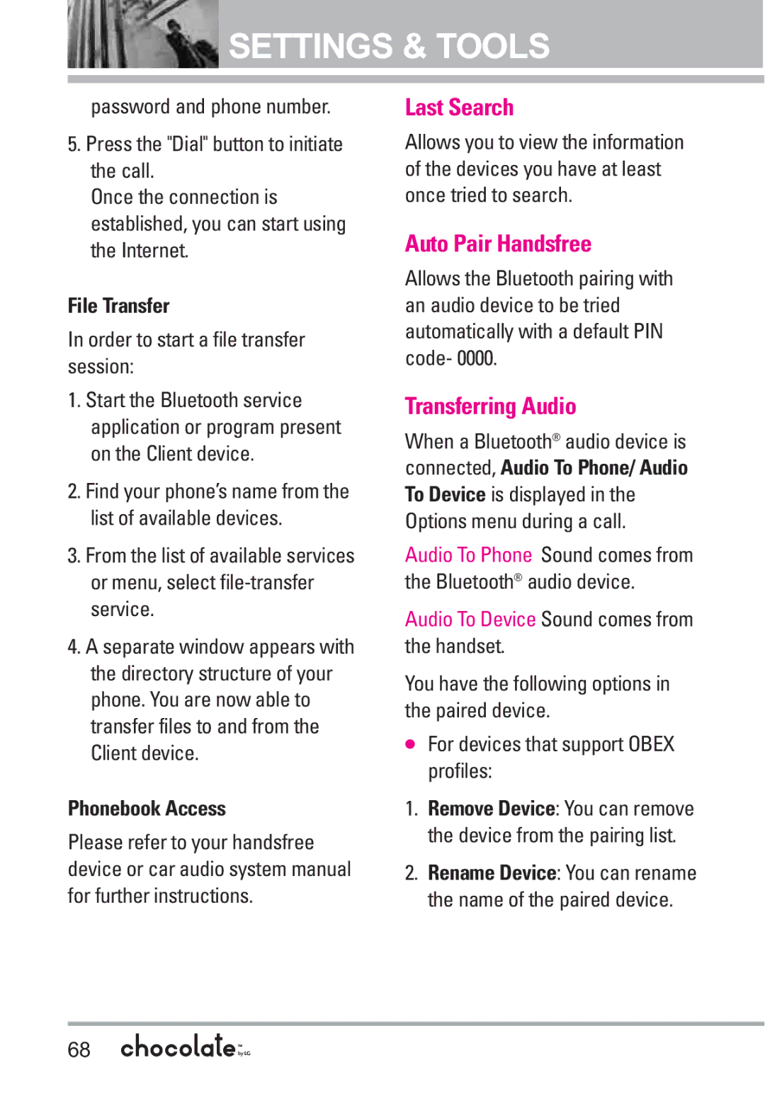 LG Electronics VX8550 manual Last Search, Auto Pair Handsfree, Transferring Audio, File Transfer, Phonebook Access 